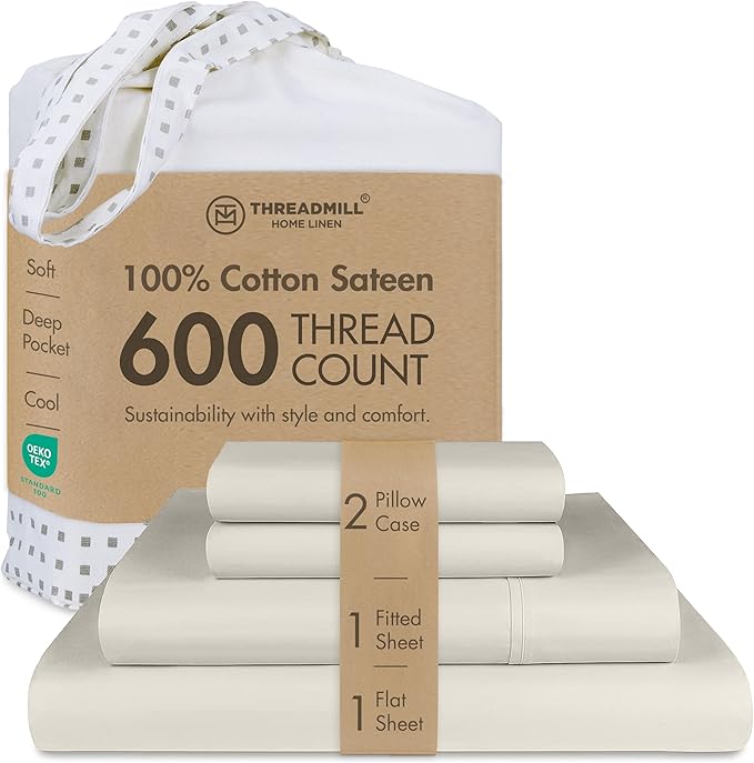 Threadmill California King Sheet Sets | 600 Thread Count Cal King Bed Sheets Set with 16” Deep Pocket | Sateen Weave 4-Piece Bedding Set with Cooling Effect | Taupe
