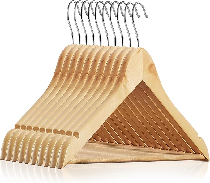Casafield - 10 Natural Wooden Suit Hangers - Premium Lotus Wood with Notches & Chrome Swivel Hook for Dress Clothes, Coats, Jackets, Pants, Shirts, Skirts