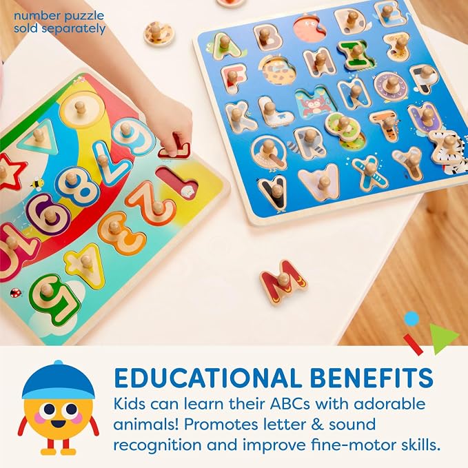 Battat Wooden ABC Peg Puzzle, Critter Alphabet Learning Toy, Alphabets | 27-piece wooden alphabet puzzle with 1 board and 26 letter pegs, colorful critter matching play, fine motor, 2+ Years