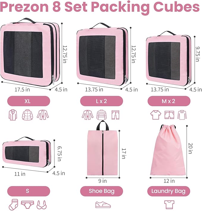 8 Set/6 Set/4 Set Compression Packing Cubes for Travel, Lightweight Vacation Travel Essentials, Travel Accessories for Suitcase Organizer Bags Set, Durable Luggage Organizer