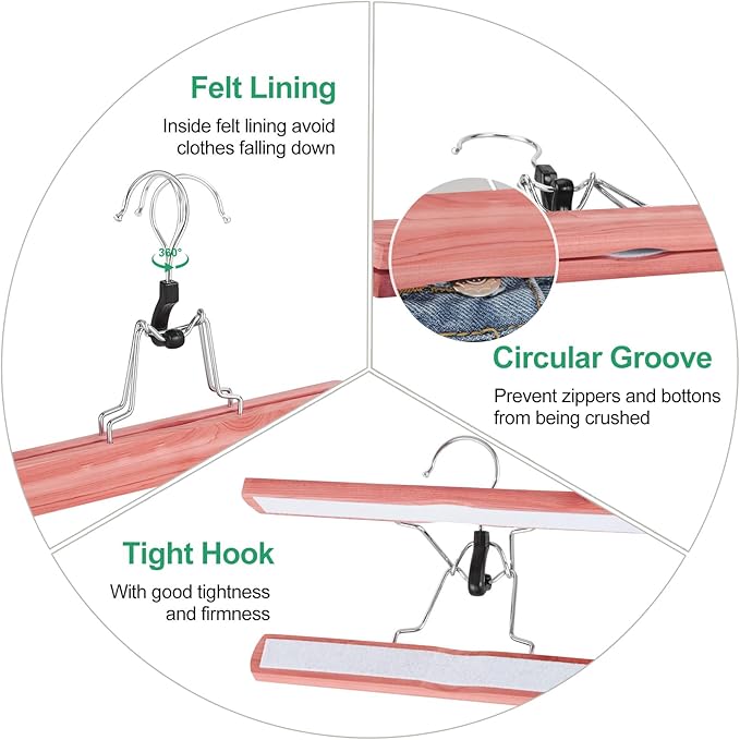 TOPIA HANGER 12 Pack Cedar Pants Hangers, Hair Extension Hangers Non Slip Skirt Hanger Wood Clamp with Velvet Padded 360° Swivel Hook for Jeans, Skirts, Trousers, Wigs CT67C
