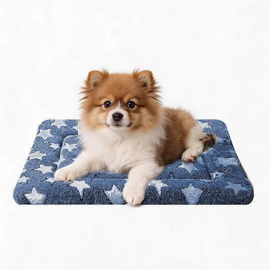 Dog Bed Mat - Reversible Dog Crate Bed Mats, Soft & Breathable Kennel Pad, Durable Crate Bed for Small Dogs & Cats (Navy&Stars, S(24"*16"*1.2"))