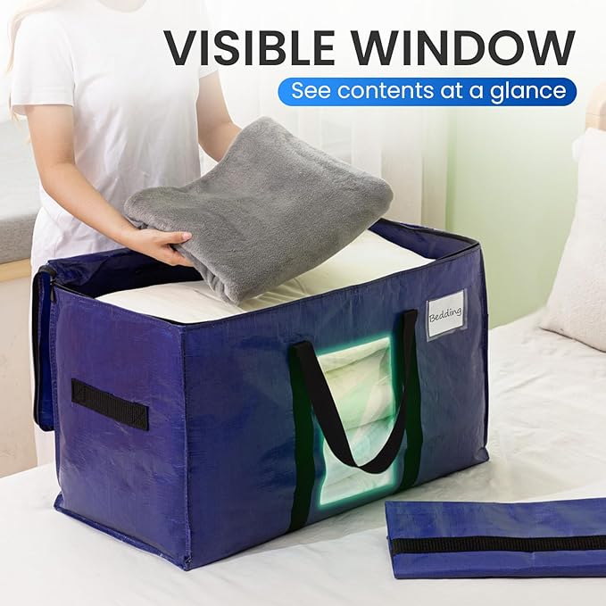 TAILI 10 Pack Dark Blue Extra Large Moving Bags, Heavy Duty Totes with Visible Window, Wrap Around Handles, Great for Space-Saving