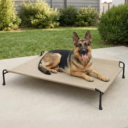 Veehoo Outdoor Dog Bed, Raised Dog Beds for Large Dogs, Elevated Dog Bed with Headrest, Washable Cooling Pet Cot with Non-Skid Feet, Breathable Mesh, Pet Hammock for Indoor or Camping, 47", Beige