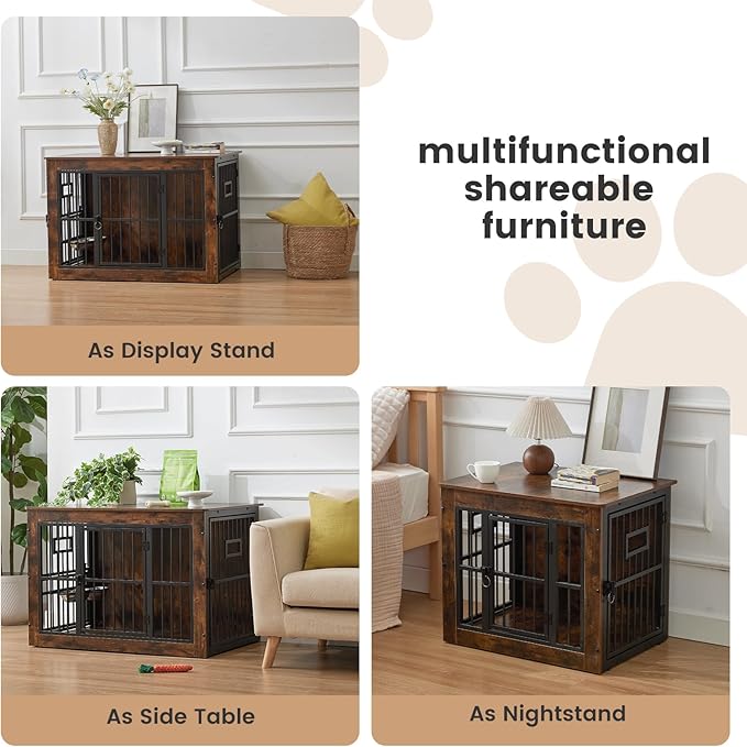 32 Inch Heavy Duty Dog Crate Furniture for Medium/Small Dogs, Decorative Pet House End Table with 3 Doors & Adjustable Bowls, Wooden Cage Kennel Furniture Indoor, Rustic Grey