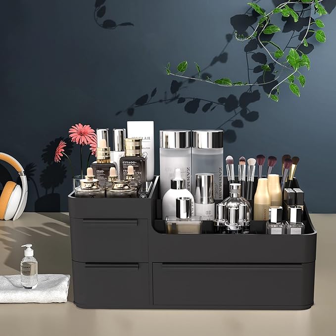 Makeup Organizer with Drawers, Countertop Organizer for Vanity, Bathroom and Bedroom Desk Cosmetics Display Case for Brushes, Lotions, Perfumes, Eyeshadow, Lipstick and Nail Polish