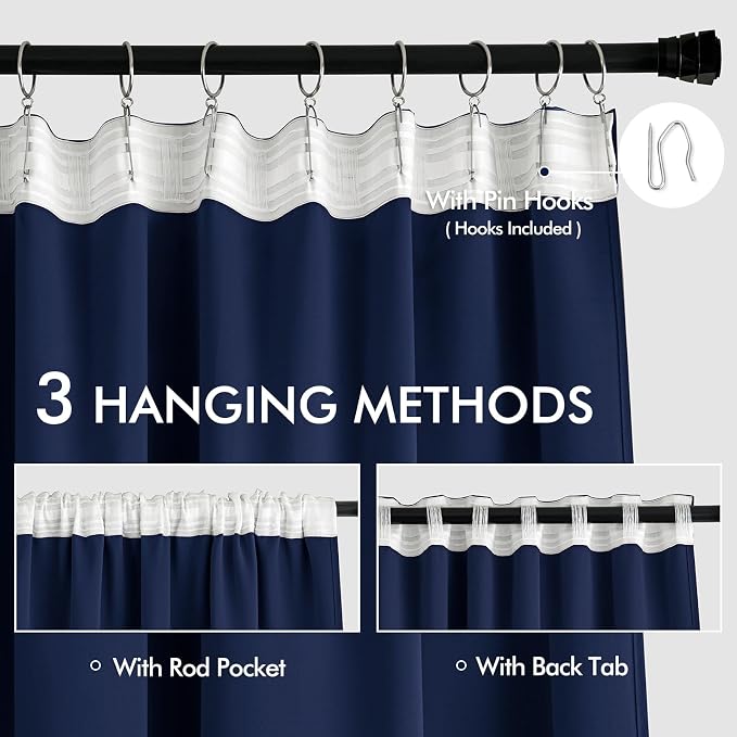MIULEE Navy Blue Back Tab Blackout Curtains 90 Inches Long 2 Panels Set