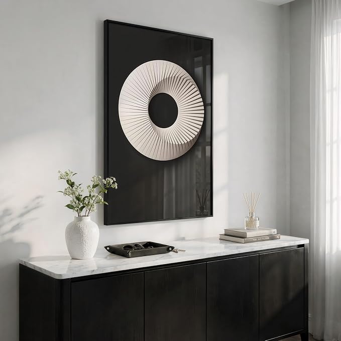 Framed Modern Black and White Abstract Wall Art, Large Contemporary Elegant