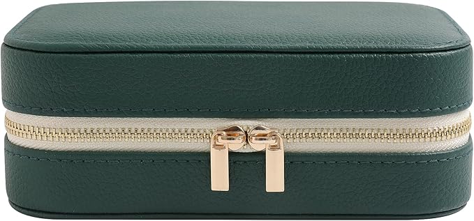 Genuine Leather Travel Jewelry Organizer Case with Mirror for Women, Small Mini Portable Jewelry Box for Ring Earrings Necklace Bracelet Luxury Gift for Women（Dark Green）