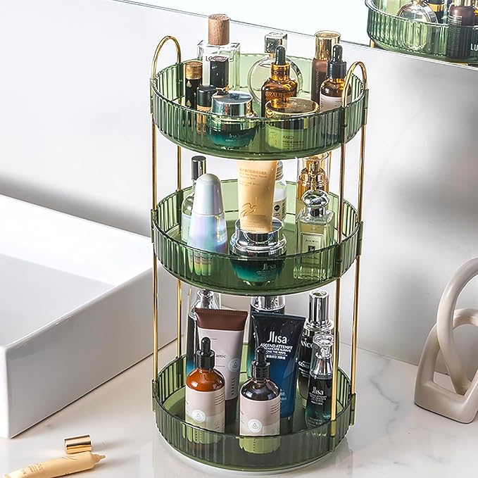 Rotating Makeup Organizer Countertop 3 Tier Lazy Susan Trays Clear Skincare Perfume Storage for Bathroom Counter Vanity, Green Gold