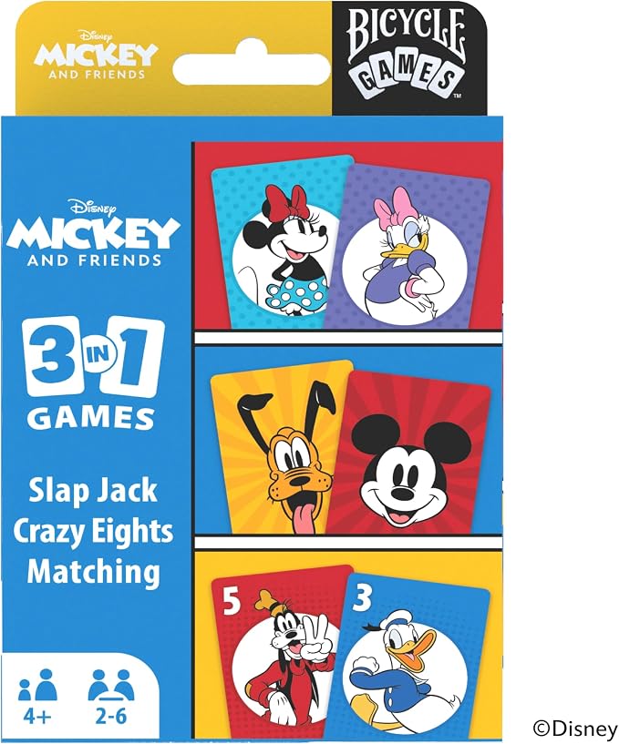 Bicycle Disney Mickey and Friends 3-in-1 Card Games, Matching, Crazy Eights & Slap Jack, Featuring Mickey Mouse, Donald Duck & Goofy, Kids Card Games Ages 4+, Family Games for 2-6 Players