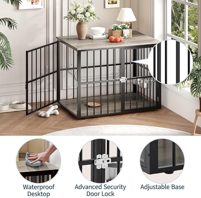 43 Inch Indoor Wooden Dog Crate Side Table, Furniture Style Pet Cage with Double-Door Access and Adjustable Food Bowl, Heavy-Duty Dog Kennel for Medium and Large Breeds