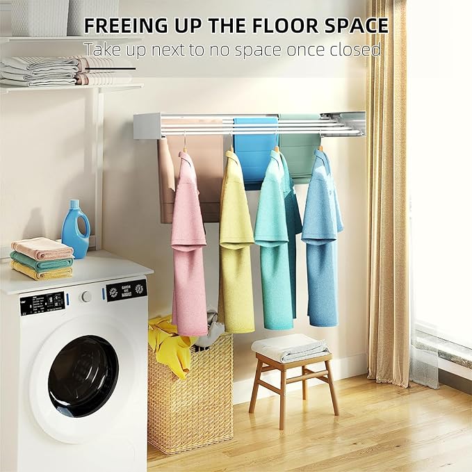 Laundry Drying Rack Collapsible, Wall Mounted Clothes Drying Rack, Space Saving Drying Rack for Laundry, 40" Wide, 16.5 Linear Ft, 5 Aluminum Rods, 60 lb Capacity (White 40")