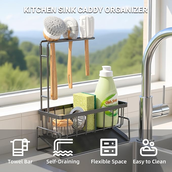 Sponge Holder for Kitchen Sink, Kitchen Sink Organizer with Towel Rack, Rustproof 201 Stainless Steel Sink Caddy, Kitchen Accessories and Decor