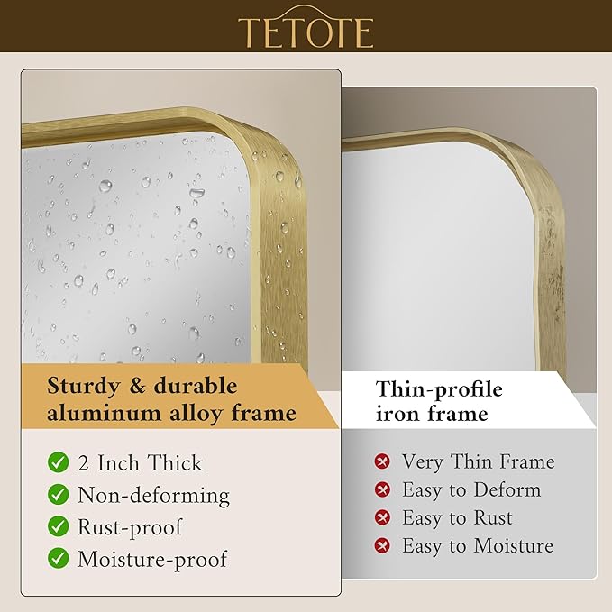 TETOTE 60 x 40 Inch Brushed Gold Frame Mirror, Brass Bathroom Vanity Mirror for Wall, Modern Rectangle Round Corner Matte Framed Mirror (Horizontal/Vertical)