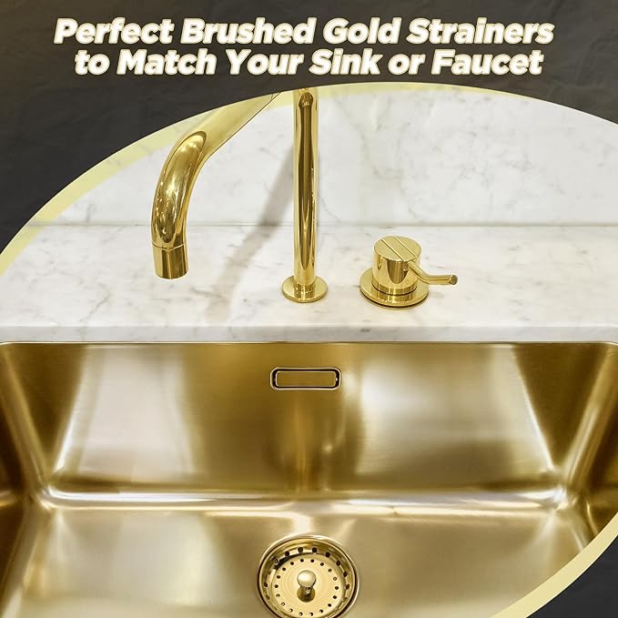 Mudder 3 Pcs Kitchen Sink Drain Strainer and Stopper Stainless Steel Garbage Disposal Plug with Handle Universal Anti-Clogging Kitchen Sink Filter Sieve Basket Strainer(Brushed Gold)