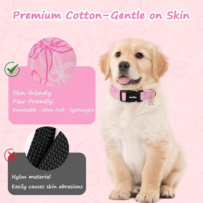 Large Dog Collar, Girl Boy Dog Collars with Bow Pattern, Adjustable Cotton Pink Dog Collar for Puppy, Cute Holiday Collars for Dogs, Ideal for Gifts,Pet Accessory,Daily Walk-L