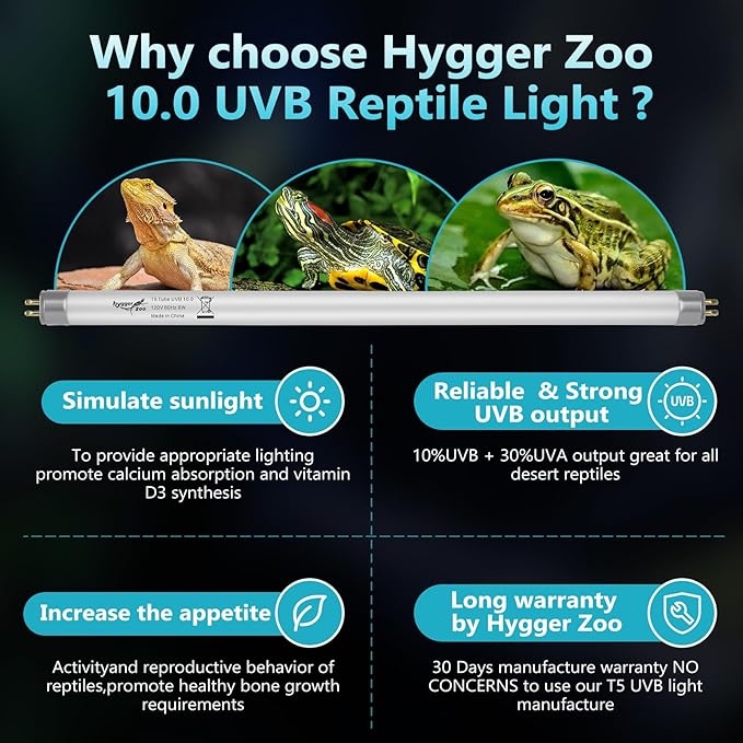 T5 UVB Reptile Light 24W 10.0 + UVA Light Bulb for Reptiles, 2-Pack Lamp Tube for Bearded Dragon, Desert-Grade Reptile UVB lamp Fixture