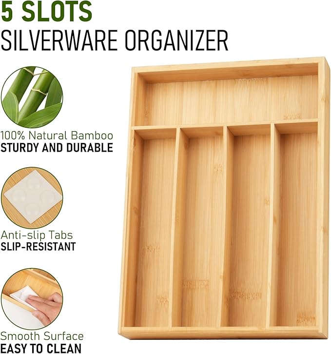 LotFancy Bamboo Kitchen Drawer Organizer, 9.5 Inch Silverware Tray for Small Drawer, Utensil Organizer for Cutlery, Fork, Spoon Storage (5 Slots, Natural)