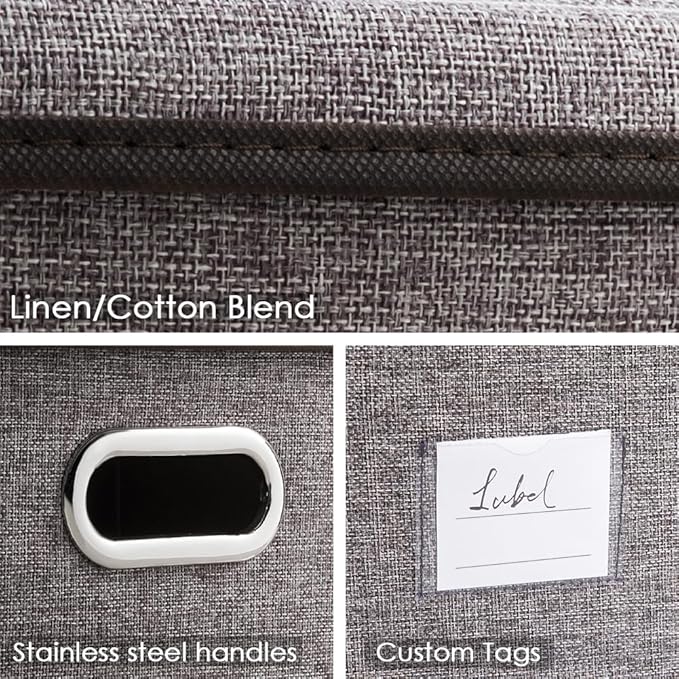 PRANDOM Foldable Storage Boxes with Lids [3-Pack] Linen Fabric Collapsible Storage Bins Organizer Containers Baskets Cube with Cover for Home Bedroom Closet Office Nursery (14.9x9.8x9.8)