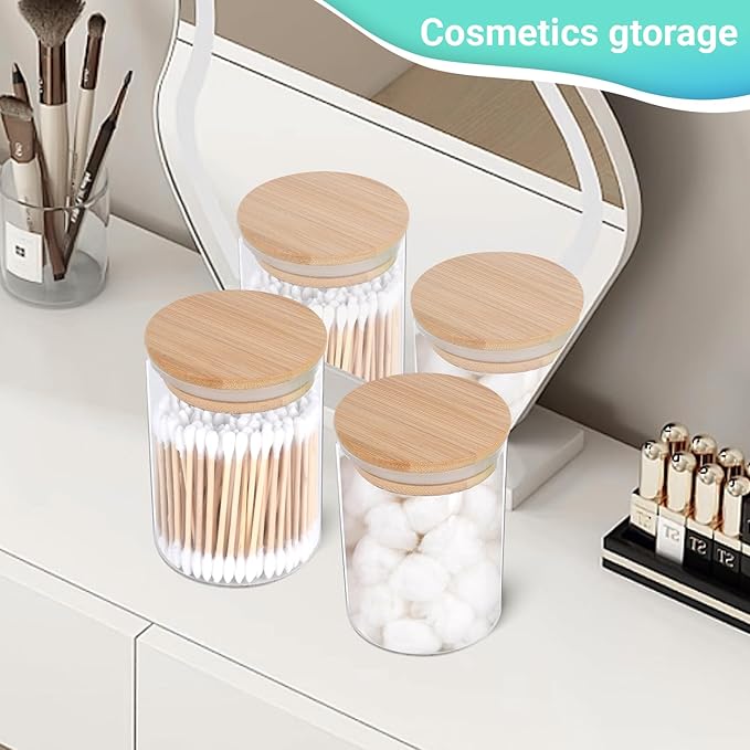 2 Pack Glass Qtip Holder Dispenser Set - Apothecary Jars with Lids for Vanity Makeup Organizer - Bathroom Canister Storage Organizer for Cotton Ball, Swab, Round Pads,Floss