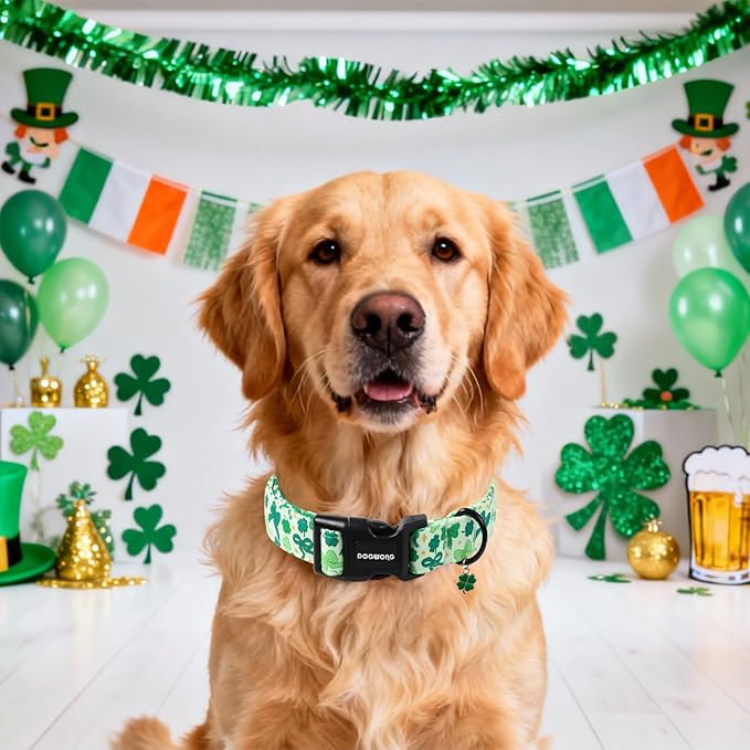 DOGWONG St Patrick's Day Dog Collar-Cute Green Clovers Dog Collar, Adjustable Cotton Shamrock Pet Collar Trefoil Puppy Collars with Quick Release Buckle,XL
