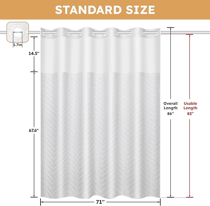 No Hook Shower Curtain and Snap in Liner Set White Tufted Chevron Striped Cloth Waterproof Washable Fabric Boho Farmhouse Bath Curtain See Through Mesh Top Window for Bathroom Hotel 71" x 86"