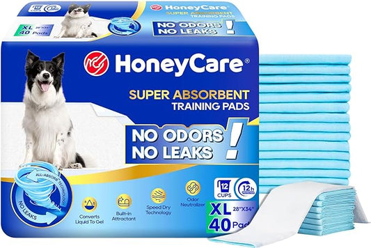 HONEY CARE All-Absorb, X-Large 28" x 34", 40 Count, Dog and Puppy Training Pads, Ultra Absorbent and Odor Eliminating, Leak-Proof 5-Layer Potty Training Pads with Quick-Dry Surface, Blue