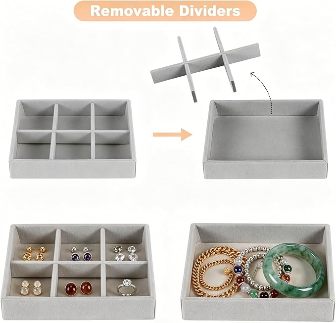 8-Piece 6" Velvet jewelry drawer organizer inserts Removable Dividers, Stackable Drawer Organizer for Rings Earrings Makeup, Vanity Dresser Storage