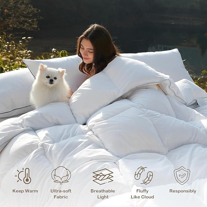 DWR Heavyweight Down Feather Fibers Comforter Spuer King, Ultra-Soft Cotton Blend Fabric, High Fill-Power Overfilled Winter Warm Hotel Duvet Insert for Cold Weather/Sleeper (120x120, White)