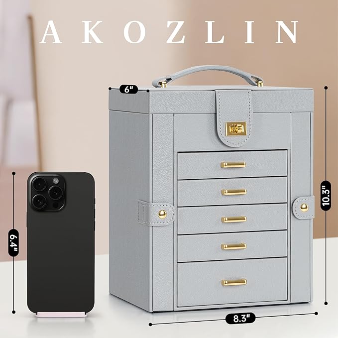 AKOZLIN Functional 6-Tier Jewelry Box Organizer with 5 Drawers Leather Jewelry Storage Case for Women Girls Ring Necklace Earring Bracelet Holder Organizer with Mirror Grey