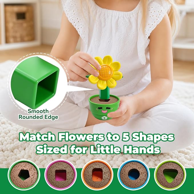 Montessori Flower Garden Building Toy for Girls & Boy, Toddler Gardening Set with 10 Shape & Number Flowers, Preschool Learning Matching & Stacking Game, Sensory Toys Gifts for 1 2 3 Year Old