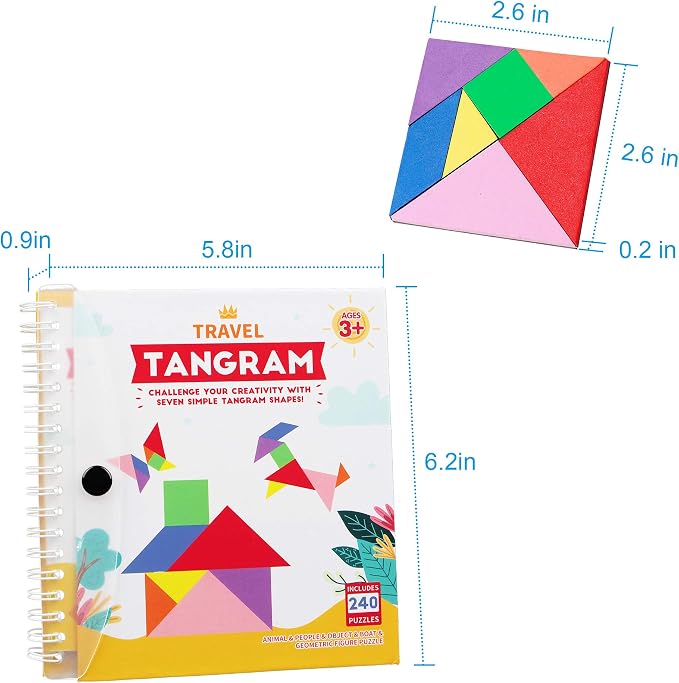 Vanmor Travel Tangram Puzzle - 3 Sets of Magnetic Tangram with 240 Solution - Montessori Shape Pattern Blocks Jigsaw Road Trip Games IQ Book Educational Toy Brain Teaser Gift for Kids Adults Challenge
