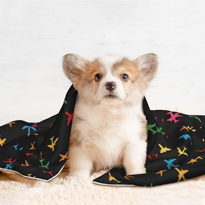 Double Sided Pet Throw for Dogs Who Shed, Colorful Aircraft Airplane Black, Reversible Blanket with Nubby Dot Side Catches Loose Fur for Easier Furniture Cleanup