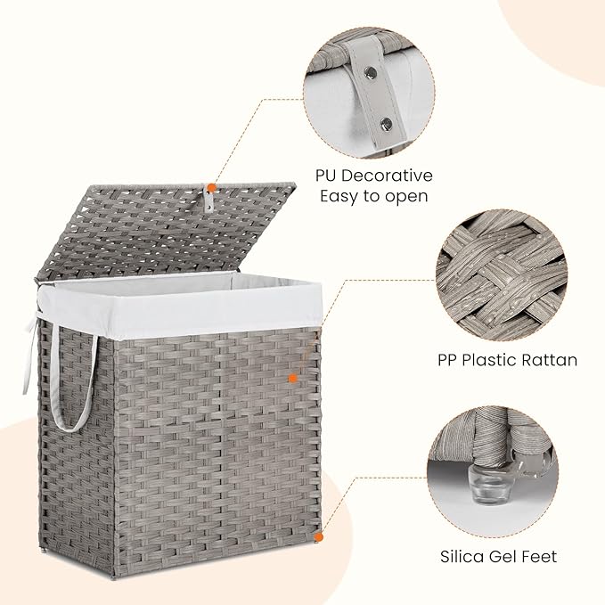 110L Laundry Hamper with Lid, Hand-Woven Pp Rattan Laundry Basket with Compartments & Handles, Removable Liner Bags,Foldable, Narrow Dirty Clothes Basket, Grey