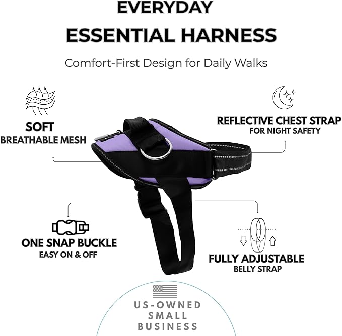 ShawnCo Essential Dog Harness, No-Pull Pet Vest with 3 Leash Clips, No Choke, Reflective, Adjustable and Padded, for Easy Walking and Training for Small, Medium and Large Dogs (ICY Lilac, XL)