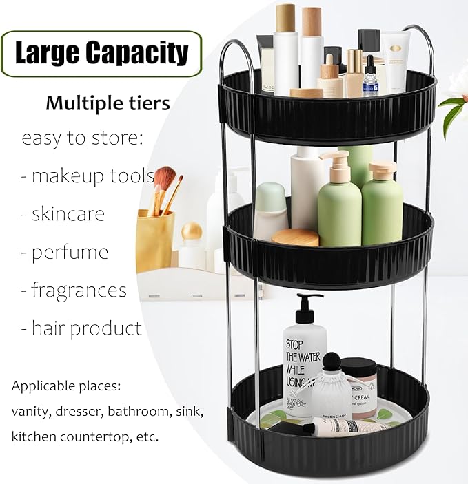 Rotating Makeup Organizer Countertop 3 Tier Lazy Susan Trays Spinning Skincare Perfume Storage for Bathroom Counter Vanity, Black