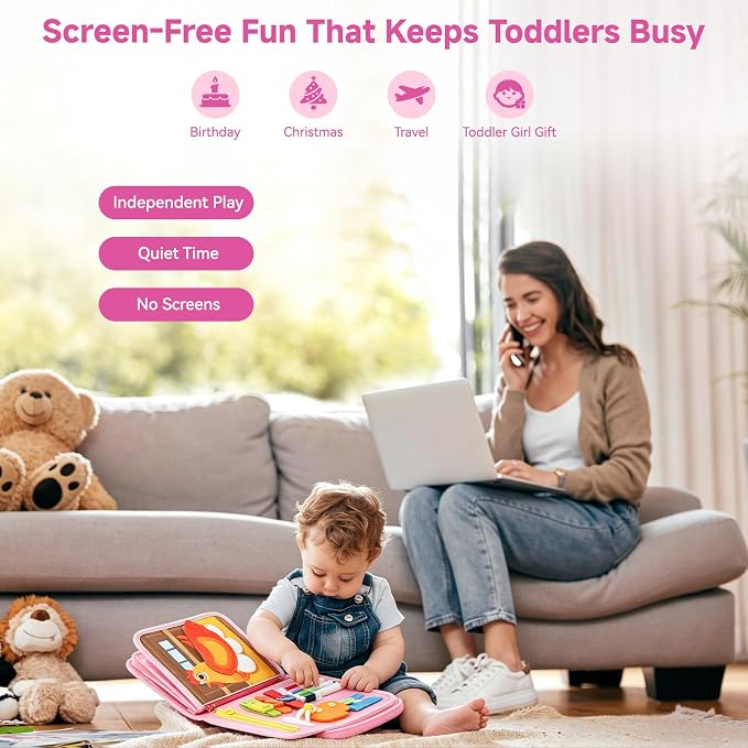 Montessori Busy Book Toy for 1 2 3 Year Old Girl Gifts, Learning Educational Toy for Toddlers 1-3, Fine Motor Skill Toy & Car Travel Activity Book, Birthday Gift for 1-2 Year Old Girl