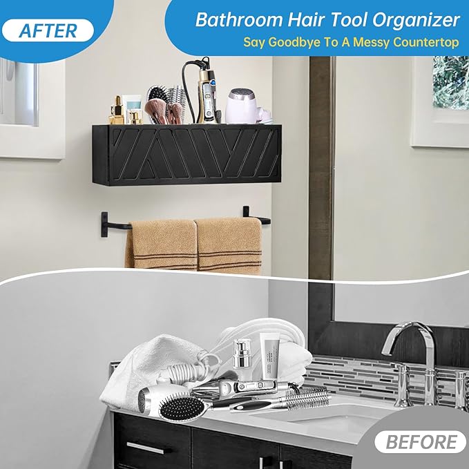Hair Tool Organizer Wall Mounted with Towel Bar, Wood Hair Dryer and Styling Holder for Bathroom, Vanity Caddy Storage Stand for Storage Bathroom Accessories, Flat Iron, Blow Dryer, Brushes(Black)