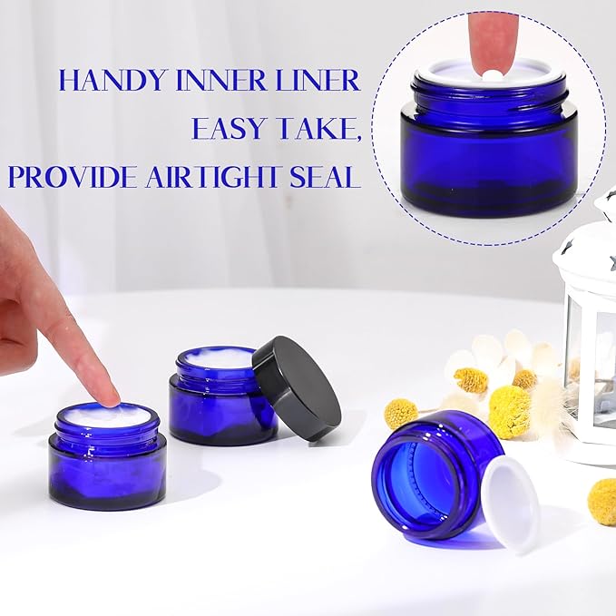 Domensi 100 Pcs 1 oz Glass Jars with Lids Bulk Round Glass Cosmetic Jars for DIY Lip Balm Small Travel Containers with Inner Liner for Lotions Powders Ointments Sample Cream(Cobalt Blue, Black)