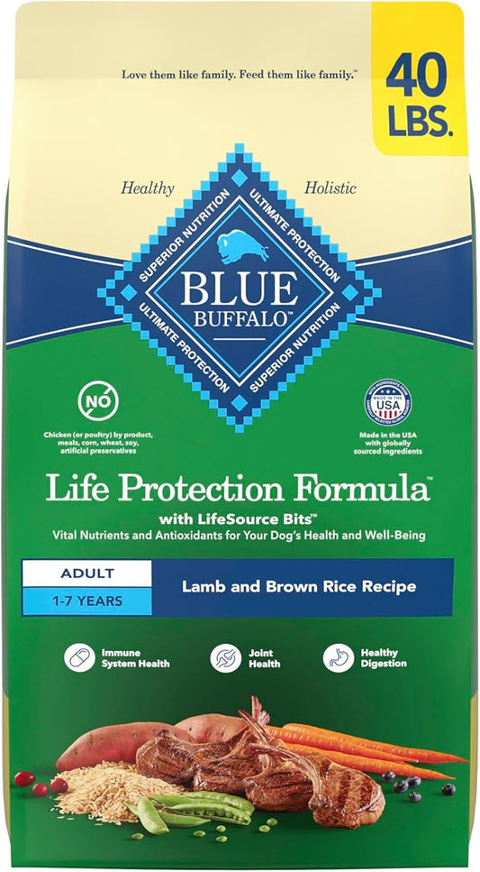 Blue Buffalo Life Protection Formula Adult Dry Dog Food, Helps Build and Maintain Strong Muscles, Made with Natural Ingredients, Lamb & Brown Rice Recipe, 40-lb. Bag