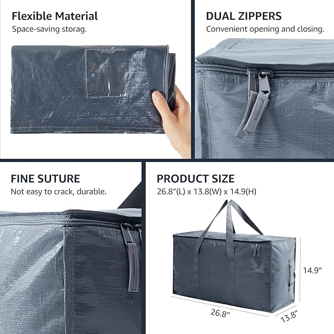 Moving Bags Heavy Duty Extra Large, Moving Boxes, Moving Supplies Essentials,Storage Bins with Lids, Plastic Packing Totes, Storage Bags for Clothes with Handles & Zippers(Grey, 4 Pack)