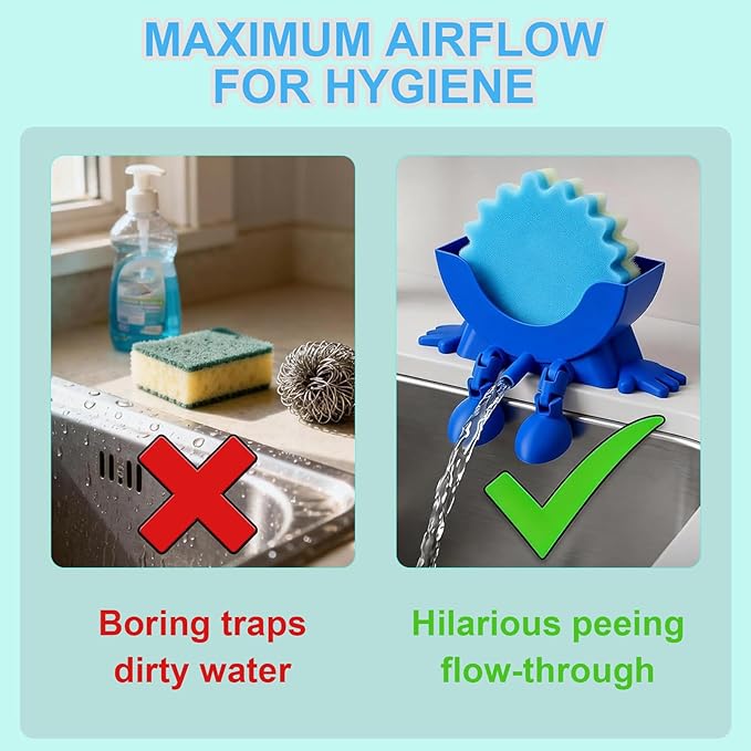 Cute Hanging Sponge Holder with Drainage, 3D Printed Sink Rack with Legs and Handles, 3D Printing Funny Countertop Sponge Holders for Kitchen Sink Draining (Green)