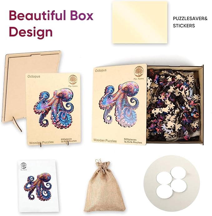 Mys Aurora Octopus Puzzles for Adults 500 Pieces Wooden Jigsaw Puzzles | 5MM Thick Unique Shape Puzzle Ocean Wood Puzzles for Adults and Kids Birthday Gifts Family Game 17 * 17inch