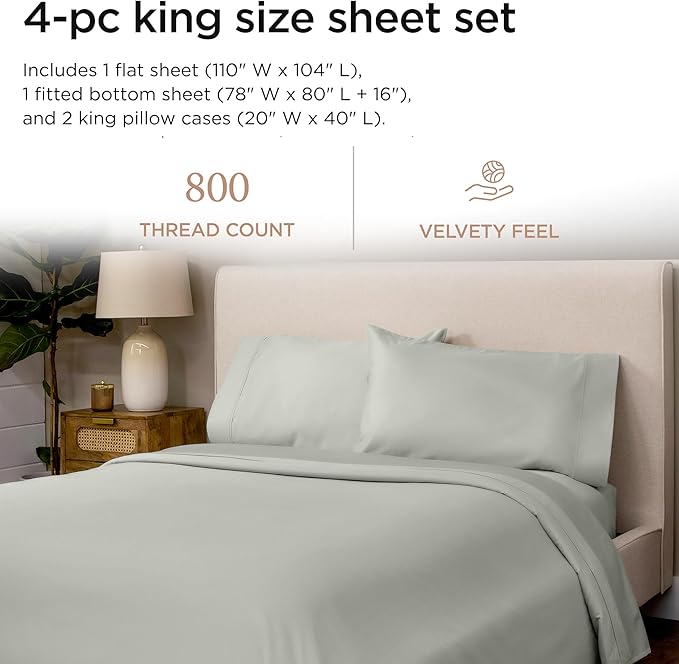 Threadmill Luxury 800 Thread Count King 100% Cotton Sheets - Light Grey Sateen Weave Bed-Sheets, Better Than Egyptian Cotton, 4 Pc Solid Soft Bed Set, Fits 16" Deep Pocket