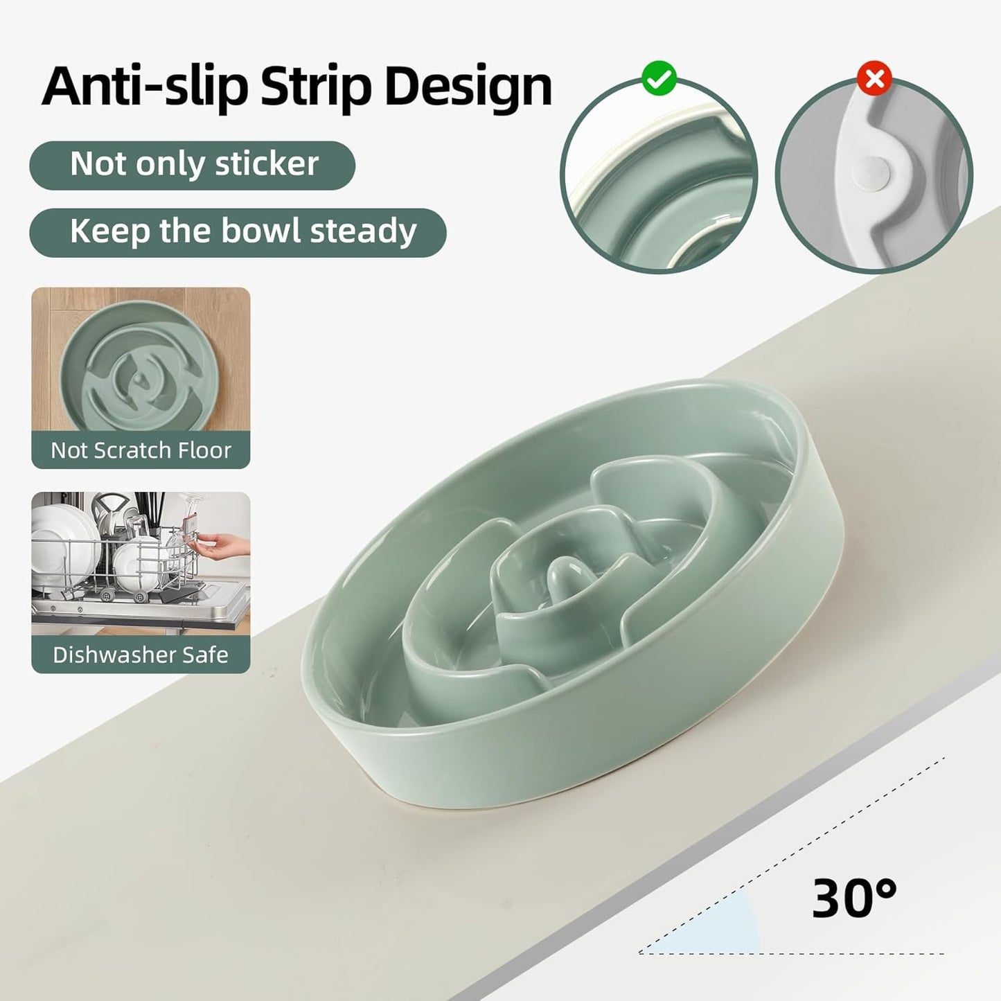 Ceramic Raised Slow Feeder Dog Bowl Set, Elevated 8.2inch Bowl and 9.5inch Puzzle Slow Food Dish with Wooden Stand for Large Dog, Anti-Gulping (2X Light Green+ Stand)