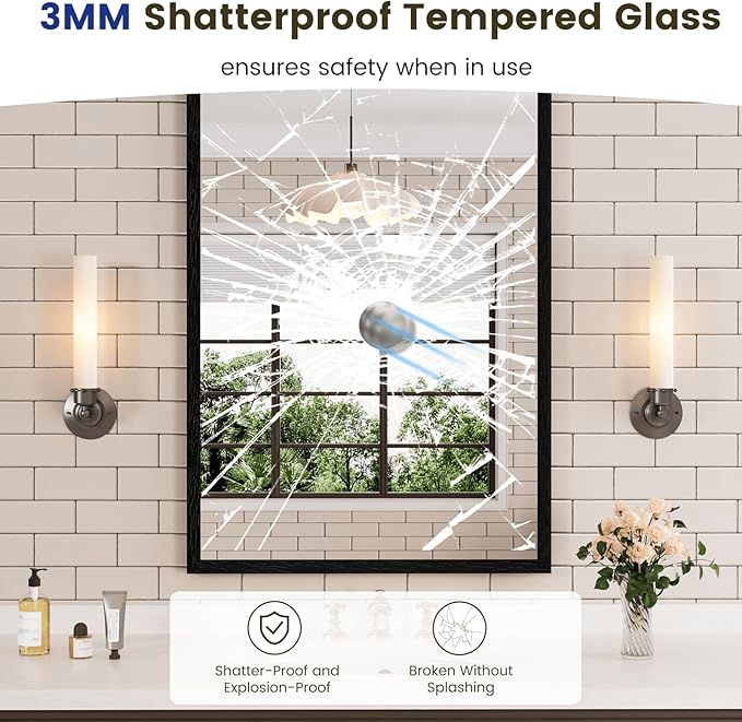 WEER 24X36 Inch Black Bathroom Mirror, Matte Black Framed Mirror, Rectangular Wall Mirror, Vanity Mirror for Bathroom, Anti-Rust, Tempered Glass, Hangs Horizontally or Vertically