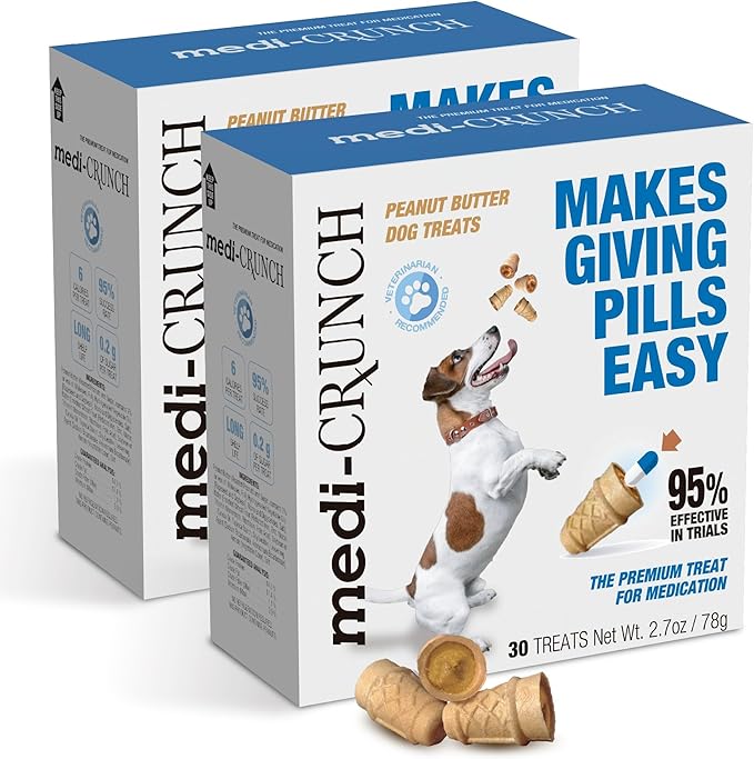 Medi-Crunch Pill Pouches for Dogs, Peanut Butter Dog Pill Treats for Capsules & Tablets, Crunchy Pill Pocket Alternative for Picky Eaters, Hypoallergenic Low Sodium Vet Recommended, 60 Treats