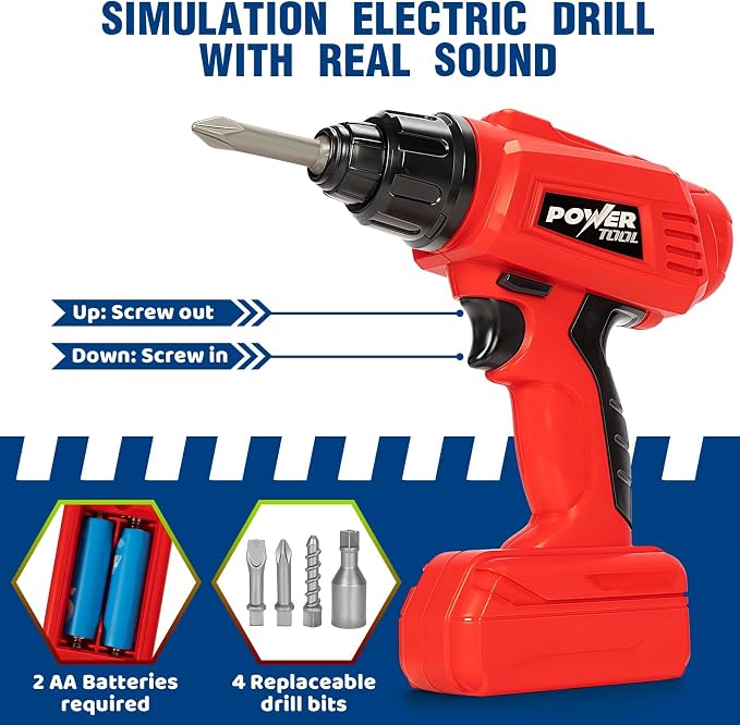 Kids Tool Bench Set with Electric Drill and Realistic Tools, Construction Workbench Playset Toy for Toddler 3-5, Easy Set up, Kids Boy Toys, Birthday Gifts for Boys Age 3 4 5 Year Old