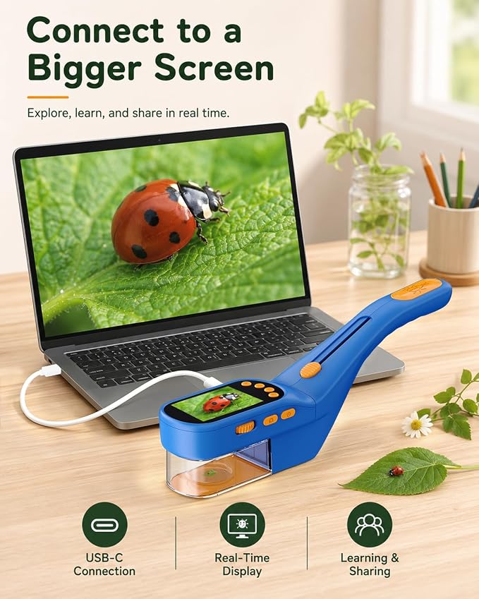 Ashfly Bug Catcher for Kids, Handheld Microscope for Kids with Screen | No-touch catching with clear chamber, manual focus, photo/video and USB-C PC viewing for close-up insect observation